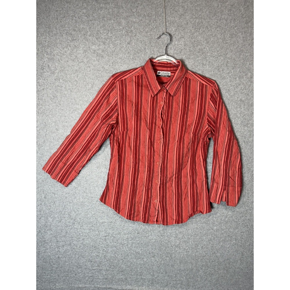 Columbia Shirt Womens Medium Red Striped Button Up 3/4 Sleeve Outdoors Hiking